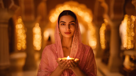 Indian woman holding diya during Diwali festival, traditional attire, warm lights, cultural celebration, spirituality, heritage, festive atmosphere, devotion, elegance, portrait.の素材