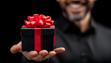 Smiling man offering elegant black gift box with red ribbon, surprise present concept, celebration, love, holiday gifting, luxury packagingの素材