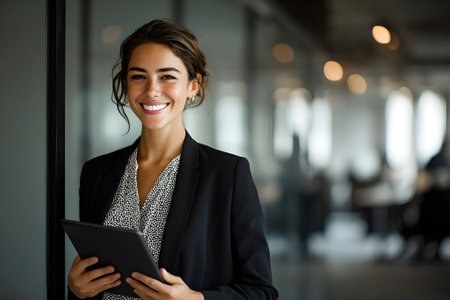 Confident businesswoman smiling while holding a tablet in a modern office, representing leadership, professionalism, success, and corporate workplace culture.の素材