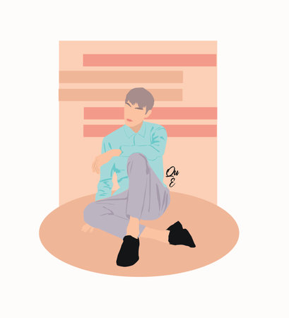 boy illustration sit on the groundの写真素材