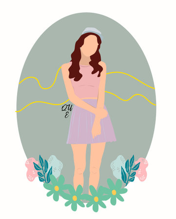girl illustration who stand in the garden with flowerの写真素材