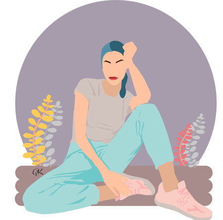 girl illustration sit on wood in the forestの写真素材