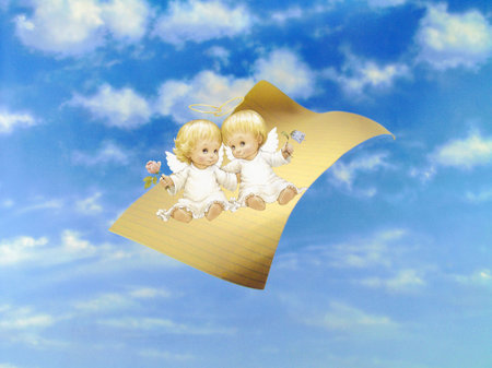 Here you can see a flying paper with two angelsの写真素材