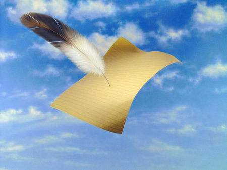 Here you can see a nice flying paper with featherの写真素材