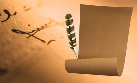 Here you can see a nice paper and a featherの写真素材