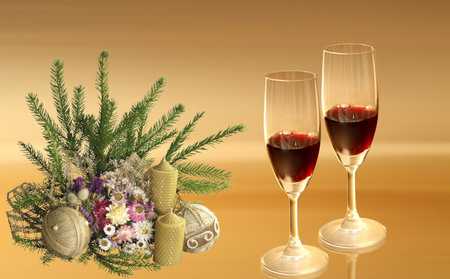 Here you can see two glasses on the nice christmas backgroundの写真素材