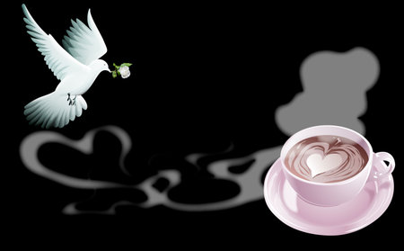 Nice decoration with a cup of coffee and doveの写真素材