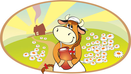 Cartoon cow with jug on the country landscape のイラスト素材