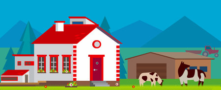 Farm village landscape vector illustration in flat styleのイラスト素材