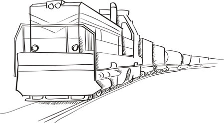 Freight train with locomotive vector sketch in black linesのイラスト素材