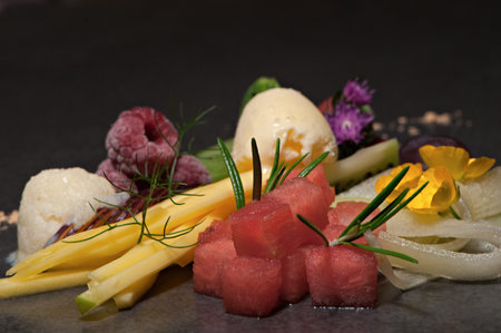 Assorted fruit with ice cream