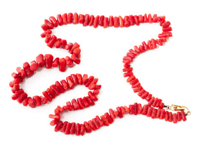 Old red coral necklace madeの写真素材
