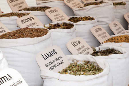 Medicinal plants exposed in traditional storeの写真素材