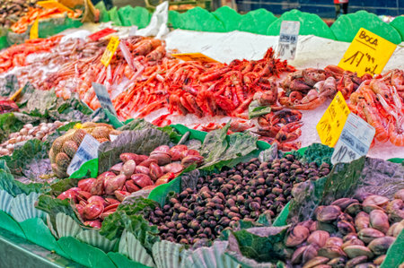 General view of a fish shop in a marketの写真素材
