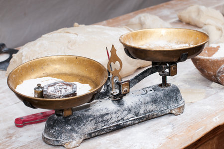 Overview of a scale to weigh the bread doughの写真素材