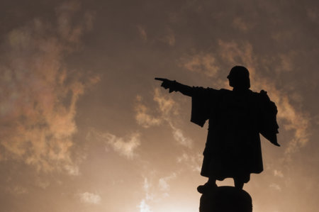 Details statue of Christopher Columbus in Barcelonaの写真素材