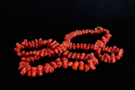Detail of a red coral necklace on black backgroundの写真素材
