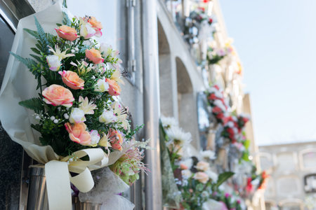 Detail of a bouquet of flowers in a cemeteryの写真素材