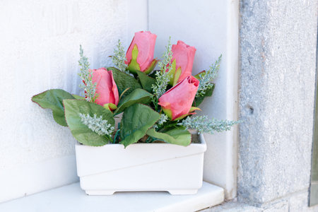 Detail of a bouquet of flowers in a cemeteryの写真素材