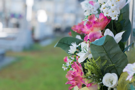 Detail of a bouquet of flowers in a cemeteryの写真素材