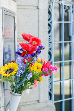 Detail of a bouquet of flowers in a cemeteryの写真素材