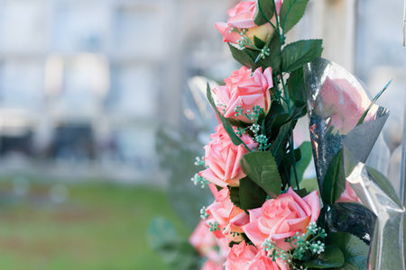 Detail of a bouquet of flowers in a cemeteryの写真素材