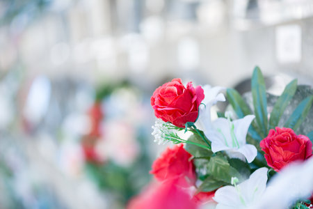 Detail of a bouquet of flowers in a cemeteryの写真素材