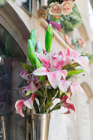 Detail of a bouquet of flowers in a cemeteryの写真素材