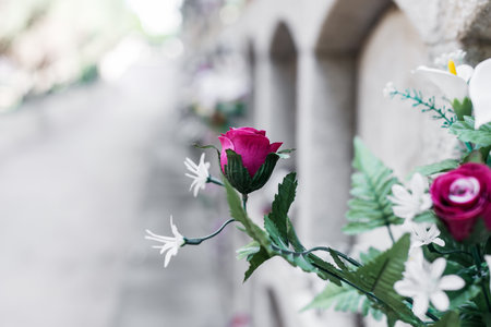 Detail of a bouquet of flowers in a cemetery