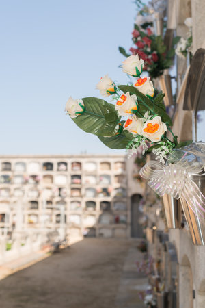 Detail of a bouquet of flowers in a cemeteryの写真素材