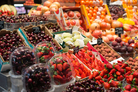 Details of the shops of the boqueria market in Barcelona (Spain)の写真素材