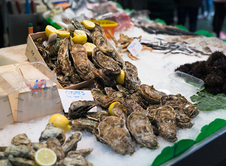Details of the shops of the boqueria market in Barcelona (Spain)の写真素材
