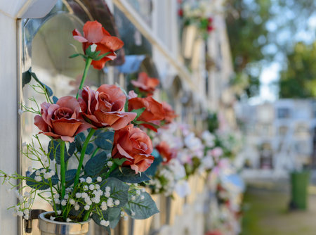 Detail of a bouquet of flowers in a cemeteryの写真素材