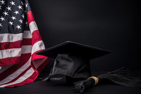 Graduation cap on the American flag. Education and graduation concept.の素材