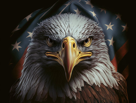 A bald eagle with a USA flag in the backgroundの素材