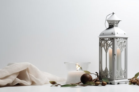 Lantern with burning candle, white eggs and frame on white backgroundの素材