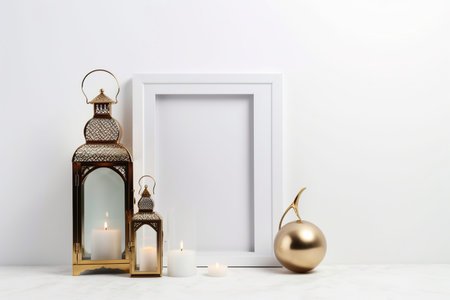 Lantern with burning white candle, white eggs ,white vase on a table and frame on white backgroundの素材