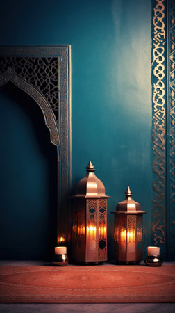 A collection of Lanterns for Ramadan Kareem on a blue backgroundの素材