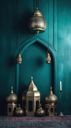 A collection of Lanterns for Ramadan Kareem on a blue backgroundの素材