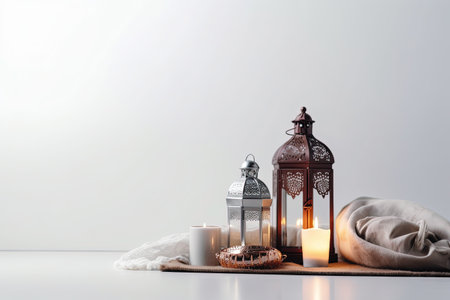 Lantern with burning candle, white eggs and frame on white backgroundの素材