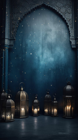 A collection of Lanterns for Ramadan Kareem on a blue backgroundの素材