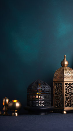 A collection of Lanterns for Ramadan Kareem on a blue backgroundの素材