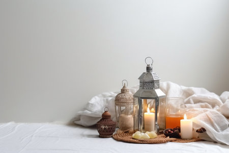 lantern with burning candles, nuts and napkin on white backgroundの素材