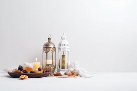 lantern with burning candles, nuts and napkin on white backgroundの素材