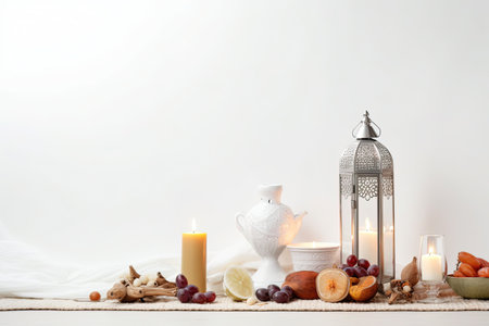 lantern with burning candles, nuts and napkin on white backgroundの素材