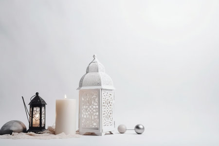 lantern with burning candles, nuts and napkin on white backgroundの素材