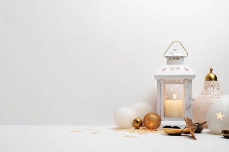 lantern with burning candles, nuts and napkin on white backgroundの素材