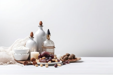lantern with burning candles, nuts and napkin on white backgroundの素材