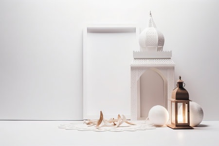 lantern with burning candles, nuts and napkin on white backgroundの素材