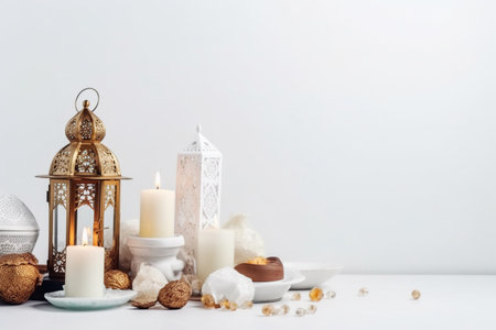 lantern with burning candles, nuts and napkin on white backgroundの素材